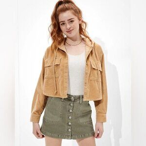 American Eagle AE Hooded Cropped Corduroy Button-Up Shirt Shacket Tan new NWT S
